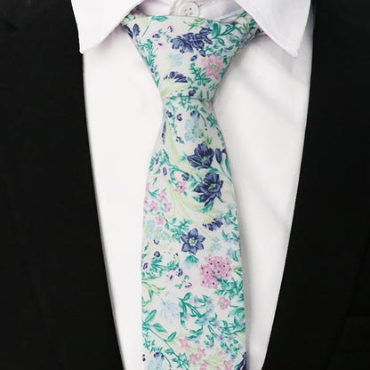Cotton Floral Ties for Men 2.76" Men's Skinny Tie Linen Flower Printed Neck Tie for Wedding Dating Party