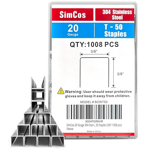 20 Gauge 304 Stainless Steel T/50 Staples - 3/8" Crown Upholstery Staples, 1/4"~9/16" Leg Length, 1008 Counts, Compatible with Staple Gun & T-50 Stapler (3/8"-1008 pcs)
