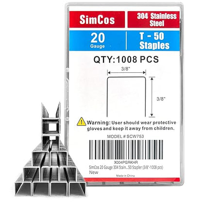 20 Gauge 304 Stainless Steel T/50 Staples - 3/8" Crown Upholstery Staples, 1/4"~9/16" Leg Length, 1008 Counts, Compatible with Staple Gun & T-50 Stapler (3/8"-1008 pcs)