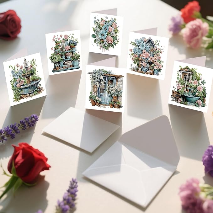 jinglinhh 12pcs Diamond Art Painting Garden Flowers Greeting Cards with Envelopes, DIY Card Making Kits for Adults, Diamond Art Postcards Christmas Cards Craft Gifts