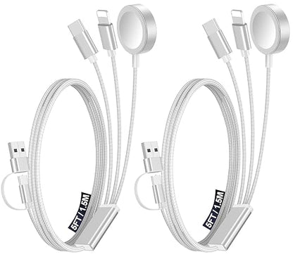2Pack Multi Charging Cable Cord for Travel Essentials,Apple Watch Charger,iPhone Charger,[3-in-2] Type C/Lightning Cable Portable Designed for iWatch,iPhone 17-8,Galaxy S25-21,AirPods,iPad-1.5M White