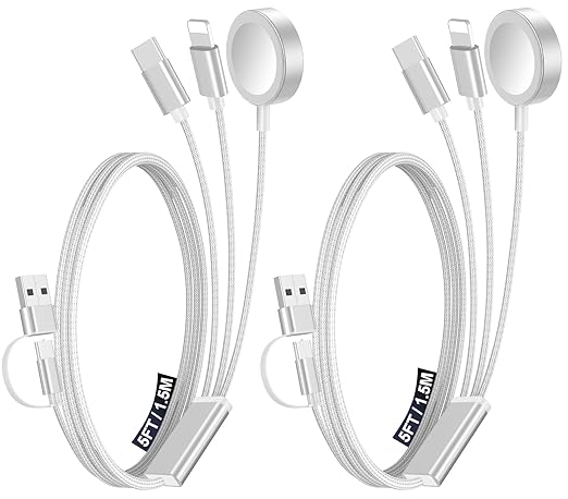 2Pack Multi Charging Cable Cord for Travel Essentials,Apple Watch Charger,iPhone Charger,[3-in-2] Type C/Lightning Cable Portable Designed for iWatch,iPhone 17-8,Galaxy S25-21,AirPods,iPad-1.5M White