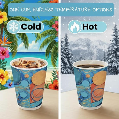To Go Paper Coffee Cups With Lids, 12 oz, 150 ct, Disposable Insulated Paper Cups for On-The-Go Hot or Cold Beverages,Multi use, Work, Home, Party, Holiday, stylish look