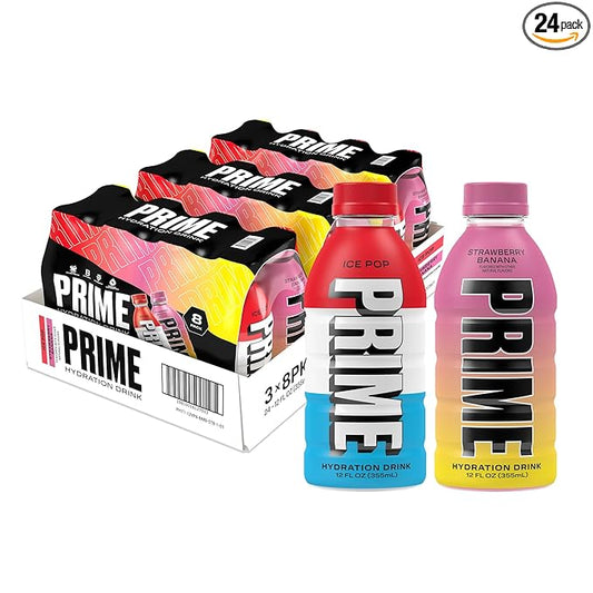 PRIME HYDRATION Duo - ICE POP, Strawberry Banana, Sports Drinks, Electrolyte Enhanced for Ultimate Hydration, 250mg BCAAs, B Vitamins, Antioxidants, Low Sugar, 16.9 Fl Oz (Pack of 24)
