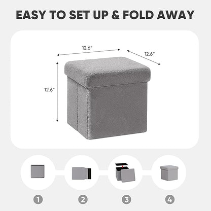 PINPLUS Storage Ottoman Cube Square Shaped Ottomans with Storage Foot Stool Footrest for Lving Room Boucle Ottoman Seat for Dorm Room,Faux Teddy Fur Grey,11.8"x11.8"x11.8"