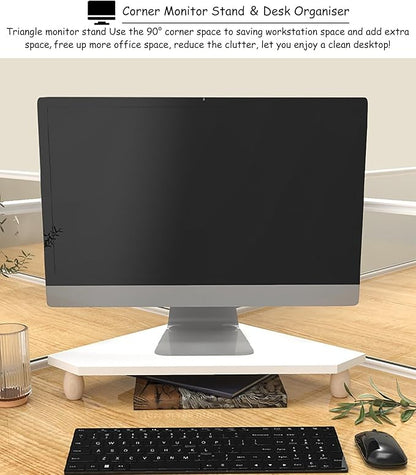 Corner Monitor Stand Cut Triangle Computer Stand for Desk, White Corner Monitor Riser with Storage, Office Desktop Wood Shelf Underneath for Keyboard Mouse, 36655