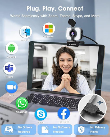 MELCAM 2K Webcam for PC, Web Camera with Microphone, Light, Privacy Cover, Plug and Play Autofocus USB Computer Camera for Laptop, Desktop, PC, Mac, Zoom, Skype, Meeting, Streaming(Black)