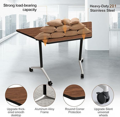 Folding Conference Table, Conference Room Tables with Wheels Foldable Large Rectangle Meeting Seminar Table for 6-12 People, Flip Top Mobile Training Table for Office Classr（4PCS,47in）