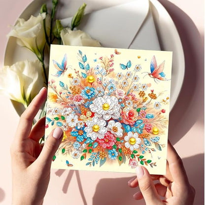 6pcs DIY Flower Butterfly Diamond Art Painting Greeting Cards Kit, Rhinestone Art Holiday Birthday Card Set with Envelopes, DIY Festival Craft for Girlfriend, Christmas Valentine Gift Making Supplies
