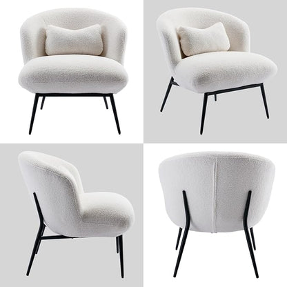 DUOMAY Modern Accent Chair, Sherpa Upholstered Leisure Boucle Single Sofa Lounge Chair with Lumbar Pillow Metal Legs Slipper Chair for Living Room Bedroom Office, White