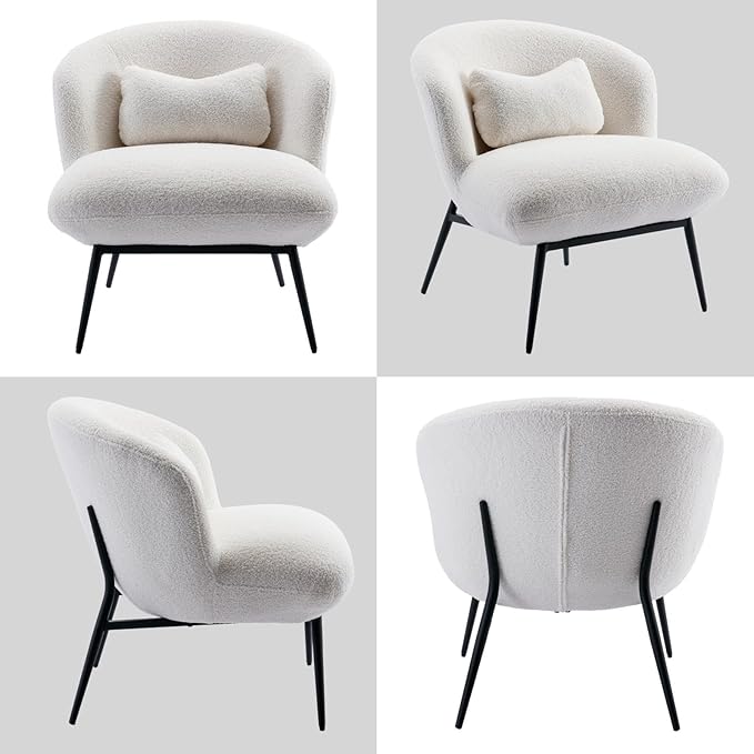 DUOMAY Modern Accent Chairs Set of 2, Sherpa Upholstered Leisure Boucle Single Sofa Lounge with Lumbar Pillow Metal Legs Slipper for Living Room Bedroom Office, White