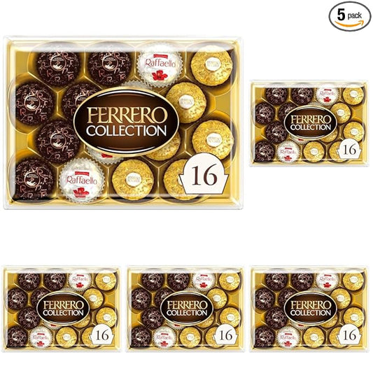 Ferrero Collection, 16 Count, Premium Gourmet Assorted Hazelnut Milk Chocolate, Dark Chocolate and Coconut, Mother's Day Gift, 6.1 oz (Pack of 5)