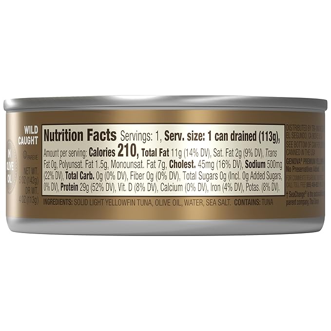 Genova Premium Yellowfin Tuna in Olive Oil, 4-5 Ounce Cans (Pack of 6), Wild Caught Canned Tuna, Solid Light