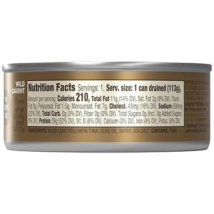 Genova Premium Yellowfin Tuna in Olive Oil, 4-5 Ounce Cans (Pack of 6), Wild Caught Canned Tuna, Solid Light