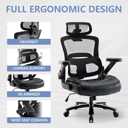 Ergonomic Office Chair with Flip-Up Arms, Mesh Back, Adjustable Headrest, Padded Seat Cushion, Lumbar Support, High Back Desk Chair for Home Office – 330lbs Capacity