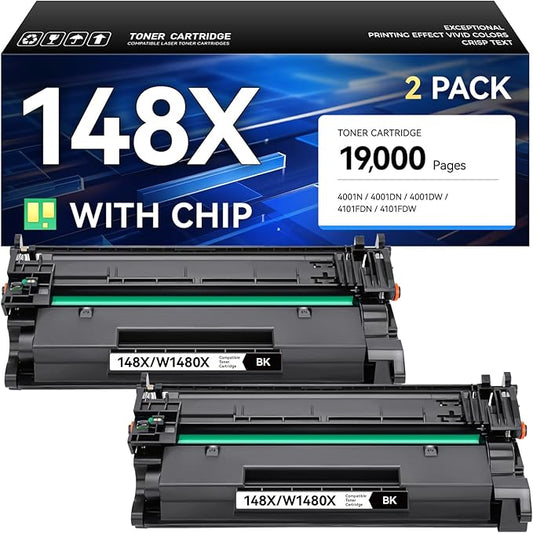 148X Toner Cartridge High Yield with Chip Black 2-Pack Replacement for HP 148X W1480X 148A W1480A Compatible with HP LaserJet Pro MFP 4101dw 4101fdn 4101fdw 4001dn 4001dw 4001n Printer Ink 4001 4101 e