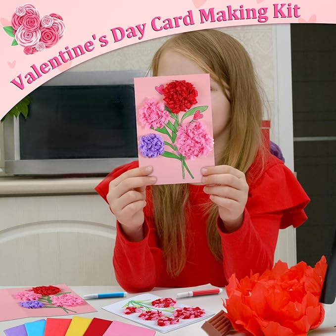 Motipuns 24 Sets Valentine's Day Card Making Kits DIY Valentine Tissue Paper Rose Craft Make Your Own Greeting Card Making Kit Flower Craft for Home Valentines Exchange Gift Party Activities