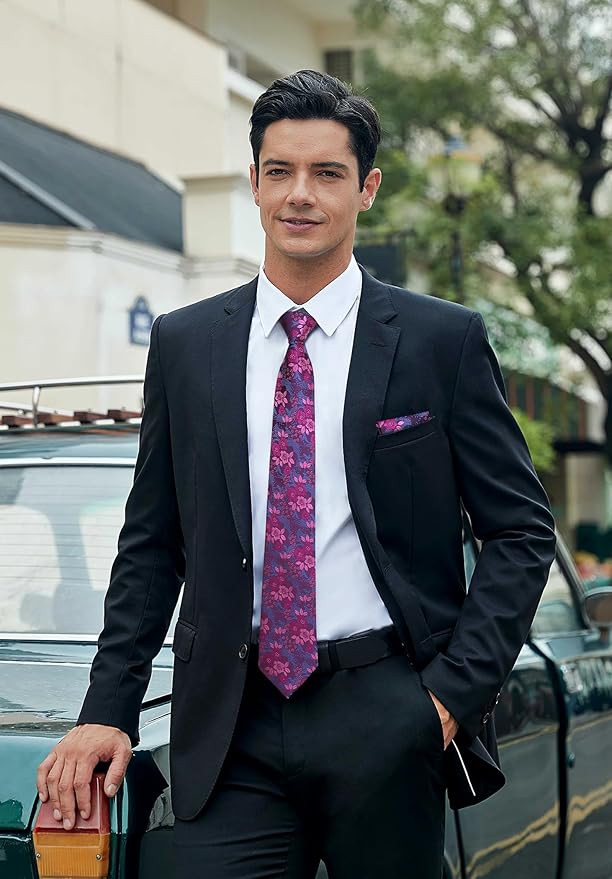 HISDERN Men Floral Ties Woven Classic 3.4" Necktie Set Formal Tie Pocket Square for Wedding with Handkerchief Gift Box