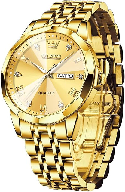 Men's Casual Stainless Steel Watch, Big Face Easy to Read Analog Quartz Watch with Day and Date, Classic Waterproof Diamond Roman Arabic Numerals Dial Dress Watch for Men, Gold Silver Black Band