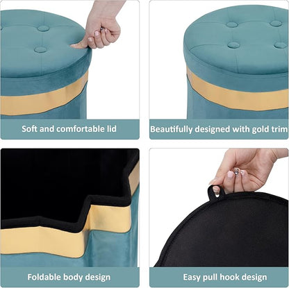 Small Ottoman with Storage,Folding Round Ottoman with Gold Trim,Velvet Storage Stool,Foot Stool with Soft Padded,Foot Rest for Living Room13“x13”x12.4(Blue,2pcs)