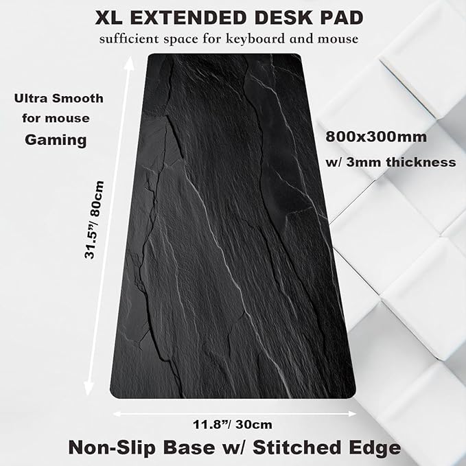 Mouse Pad Gaming Mousepad 31.5x11.8 Inch - 3mm Durable Fabric with Non-Slip Base, Waterproof Surface & Reinforced Edges for Gamers, Work Desks and Streaming Setups(Black Rock)