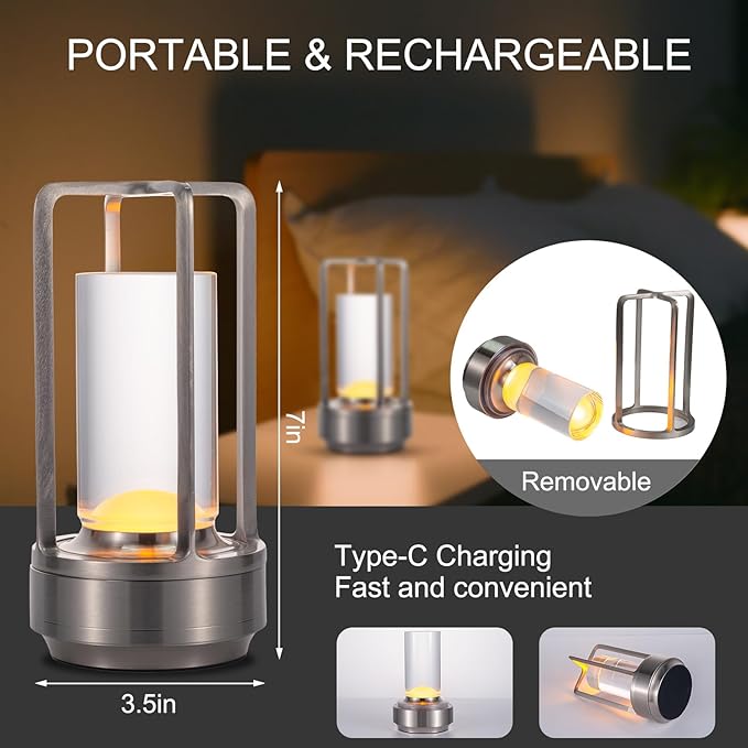 Rechargeable Cordless LED Table Lamp - Waterproof Portable Touch Dimmable Desk Light for Outdoor, Camping, Patio, Bedroom, Living Room - Night Light with Long Battery Life (Silver)