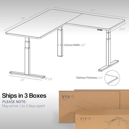 VIVO Electric Height Adjustable 67 x 60 inch Corner Stand Up Desk, 2 Dark Walnut Solid Table Tops, White Frame, Memory Controller, L-Shaped Workstation, 3E Series, DESK-KIT-3E6WD