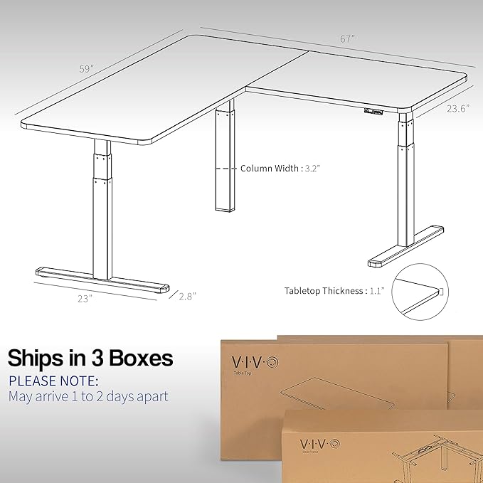 VIVO Electric Height Adjustable 67 x 60 inch Corner Stand Up Desk, 2 Black Solid Table Tops, White Frame, Memory Controller, L-Shaped Workstation, 3E Series, DESK-KIT-3E6WB