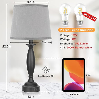 Grey Lamps for Bedrooms Set of 2 - Touch Control Bedside Lamp with USB C+A, 3 Way Dimmable Nightstand Lamps with USB Port, Table Lamp for Living Room(Grey Shade and Black Base)