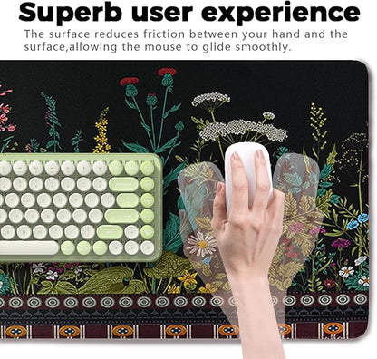 Flowers & Plants Patterns Desk Mat, Large Gaming Mouse Pad Non-Slip Rubber Base with Stitched Edges, Waterproof Protection for PC Laptop Home Office Desk Decor (31.5x11.8in)