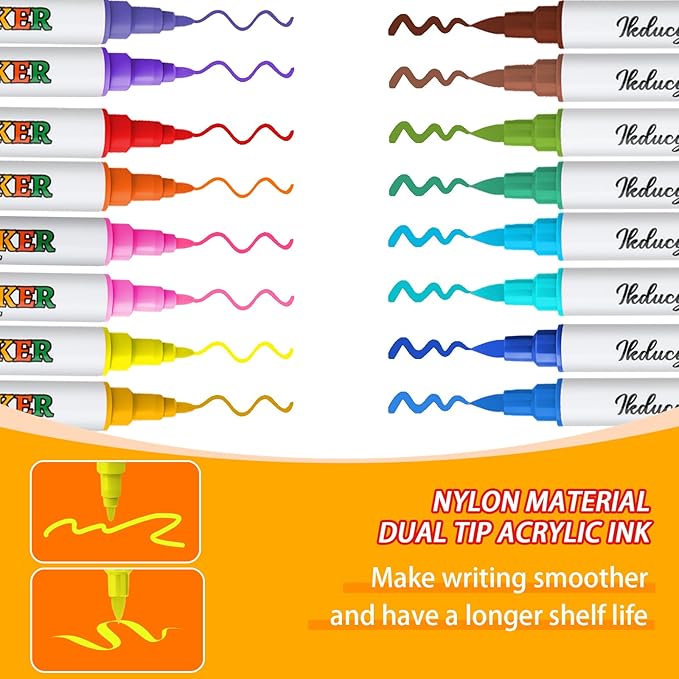 24 Colors Dual Tip Acrylic Paint Markers Set, Fine Tip and Brush Tip Acrylic Paint Pens with 10 Pages Coloring Paper for Rocks, Wood, Canvas, Stone, Paper, Fabric, Glass, DIY Crafts