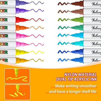 24 Colors Dual Tip Acrylic Paint Markers Set, Fine Tip and Brush Tip Acrylic Paint Pens with 10 Pages Coloring Paper for Rocks, Wood, Canvas, Stone, Paper, Fabric, Glass, DIY Crafts