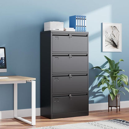 SUXXAN Metal 4 Drawer Lateral File Cabinet with 4 Lock - Wide Filing Cabinet for Letter/Legal/F4/A4 Hanging Files - Includes Business Card Holder,Home Office School Storage,Black