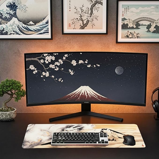 BELLEMOND Japanese Art Desk Mat | Large 31.5x11.8in Desk Pad | Mouse Pad for Keyboard & Mouse | Non-Slip Base, Water-Repellent, Smooth Precision | Guardian of Fuji