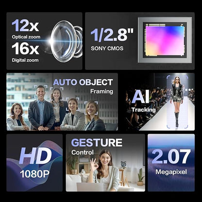 MAXHUB Meeting PTZ Camera, 12x Optical Zoom Video Conferencing Camera Auto Framing AI Tracking Gesture Control Auto Light Correction, 4 Mics, Works with Microsoft Teams & Zoom & Google Meet (SC81)