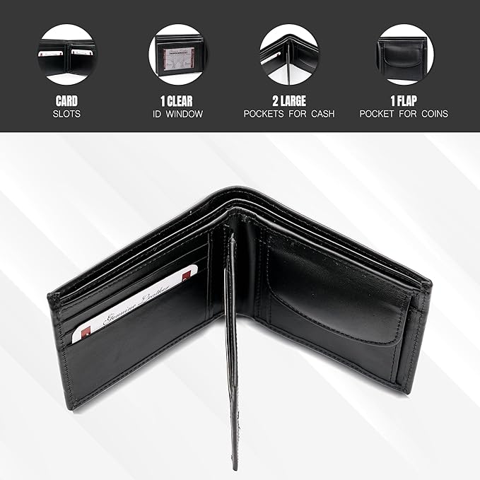 Bifold Wallet for Men with Premium Cowhide Leather Slim Wallet, Minimalist Design, Multiple Card Slots, Stylish Durable Gift-Ready Men’s Wallet (Black)