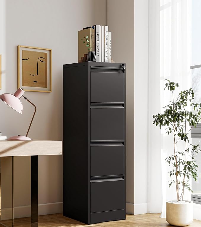 4-Drawer Locking Vertical File Cabinet, Metal Storage Cabinet for Office/Home – Secure Vertical Filing for Letter/Legal/A4/F4 Documents, Easy to Assemble Steel Cabinet (Black, 4 Drawer-52 H)