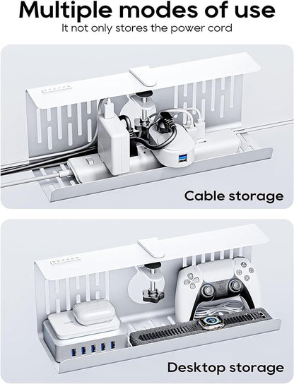 NODOCA No Drill Under Desk Cable Management Tray, 14'' Wire Management, Punch-Free Clamp on, Metal Cable Tray, Wire Organizer Under Desk, Under Desk Basket for Office and Home, White(2 Packs)