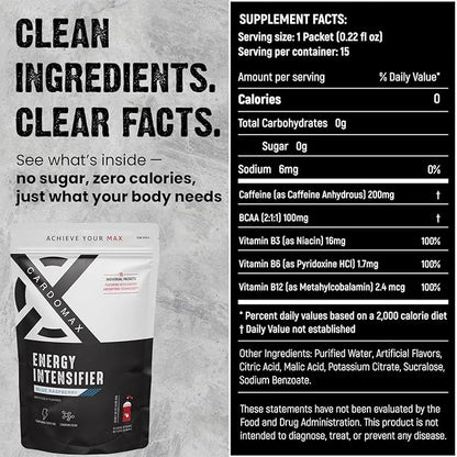 CardoMax - Energy Drink Packets - Liquid Preworkout for Men & Women Caffeine Packets with BCAA, Vitamin B12, Vitamin B6 & B3 - Sugar-Free, Zero Calorie, Vegan & Keto - 15 Stick Packs - Blue Raspberry