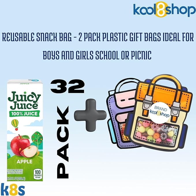 Juicy Juice Apple 100% Juice No Sugar Added On the Go Box 6.75 fl oz 32 Pack + 2 Reusable Snack Bags by KOOL8SHOP Infinite Deals
