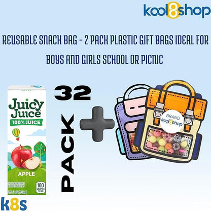 Juicy Juice Apple 100% Juice No Sugar Added On the Go Box 6.75 fl oz 32 Pack + 2 Reusable Snack Bags by KOOL8SHOP Infinite Deals