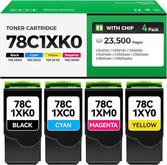 78C1XK0 78C1XC0 78C1XM0 78C1XY0 Toner Cartridge Set 4-Pack High Yield Replacement Compatible with Lexmark CS421dn CS521dn CS622de CX421adn CX522ade CX622ade CX625ade CX625adhe Laser Printer Ink Black