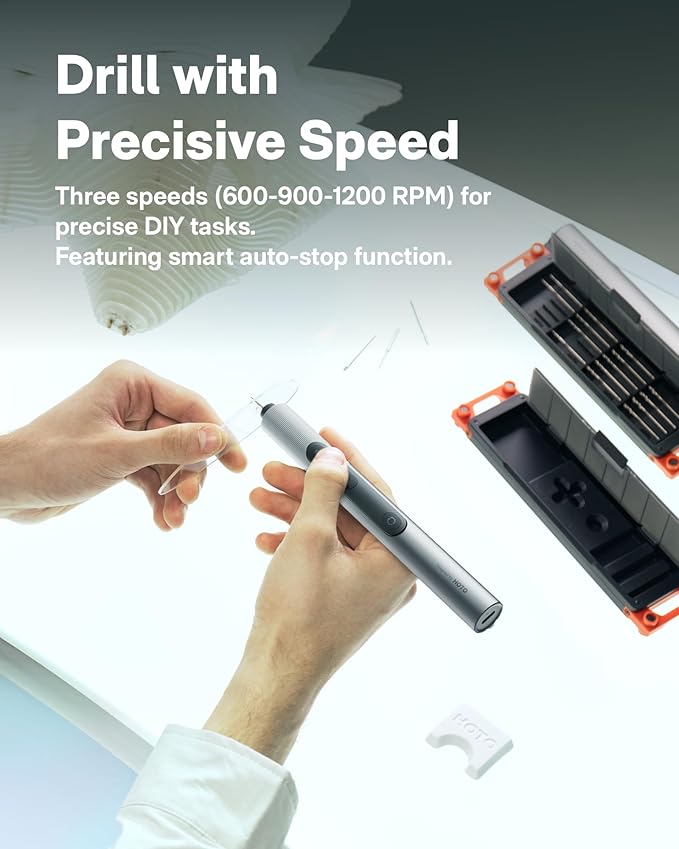 HOTO SNAPBLOQ™ D-A03 Cordless Electric Mini Drill Pen, 3-Speed Precision Hand Drill for Jewelry, PCB & DIY Crafts, Corelss Brushless Motor, 800mAh Type-C Rechargeable, LED Ring Light, 20 M2 Drill Bits