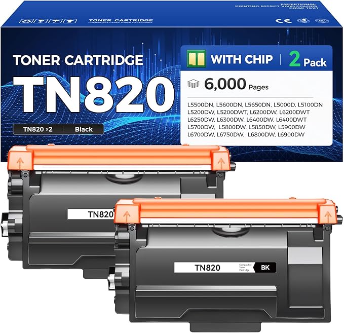 TN820 Toner Cartridge Black 2-Pack High Yield Replacement for Brother TN-820 TN-850 TN-880 Toner Compatible with Brother HL-L6200DW MFC-L5850DW MFC-L5700DW HL-L5200DW MFC-L5900DW DCP-L5500DN Printer