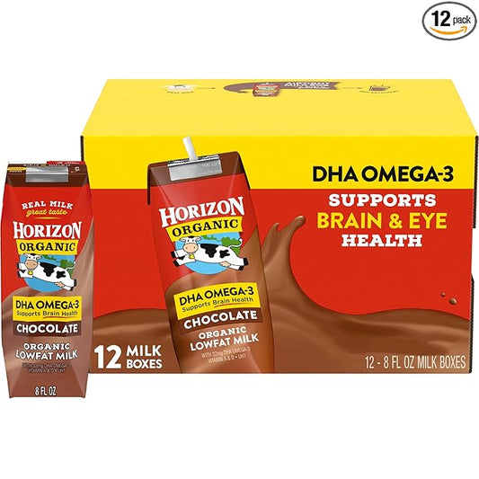 Horizon Organic Shelf Stable 1% Lowfat DHA Omega-3 Chocolate Milk Boxes, 8 fl oz, 12 Count - 8g Protein per Serving, USDA Organic UHT from Pasture-Raised Cows, Ready to Drink for Lunchbox, Travel, or On-the-Go, No Refrigeration Needed