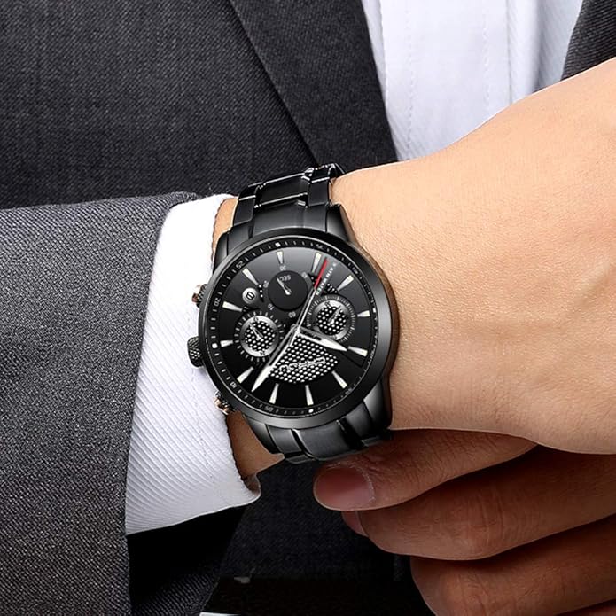 CRRJU Men's Business Casual Chronograph Quartz Waterproof Wristwatch Black Leather Strap