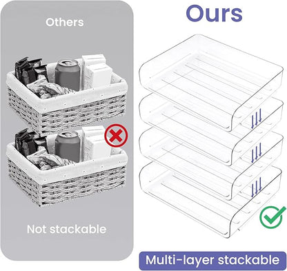 Tomorotec Desk Letter Tray Set, A4 Size Clear PET Stackable Document Organizer Office Desktop File Paper Holder Book Storage Rack Side Load Anti-Skid Stacking Support Convex Bottom (4X Landscape)