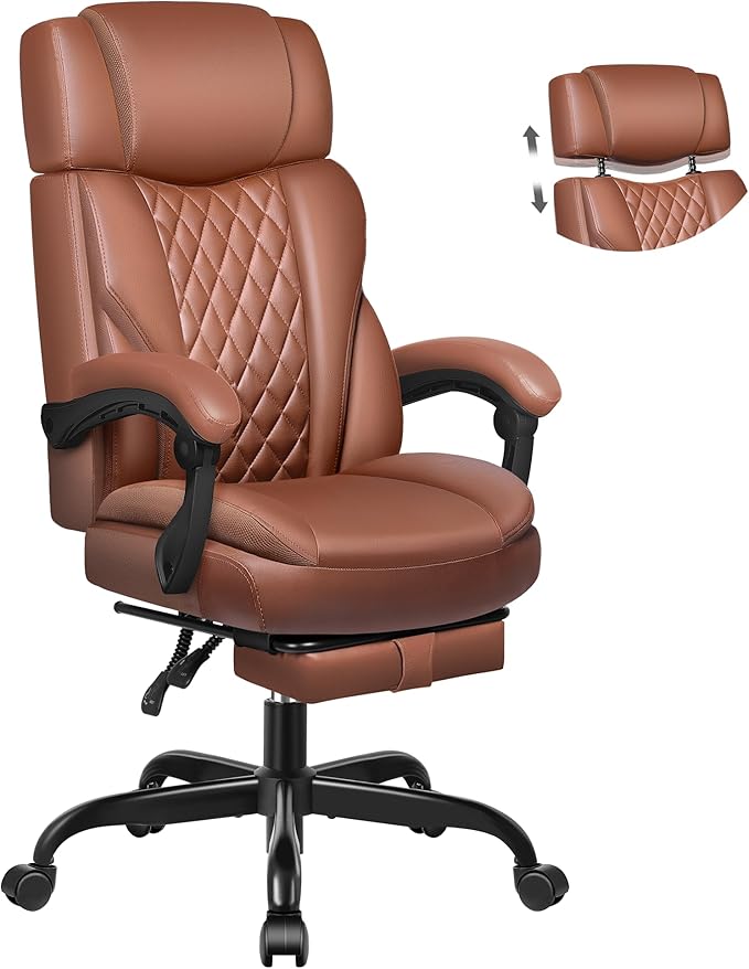 Executive Leather Office Chair, Big and Tall Office Chair with Footrest Home Office Desk Chairs, Ergonomic Computer Desk Chair with Lumbar Support, Reclining Desk Chair with Adjustable Angle