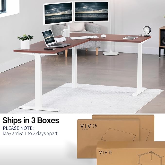 VIVO Electric 78 x 55 inch Square Corner Memory L Shaped Stand Up Desk, Dark Walnut Table Top, White Frame, Corner Height Adjustable Workstation, 3E-S Series, DESK-KIT-3E5SWD