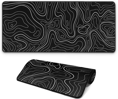 Large Computer Mouse Pad with Non-Slip Base for Desktop, Cute Gaming Mouse Mat with Stitched Edges, Long Extended Anime Mousepad for Laptop, 31.5 x 11.8 inches (Black Topographic Map)